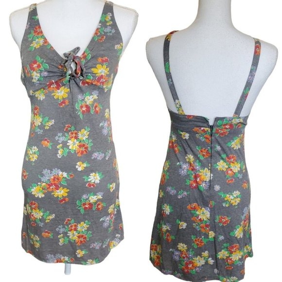 Vintage 60s 70s‎ Boho Floral Mini Sundress Sleeveless Gray XS 2 4 Cottage Core - Picture 1 of 9